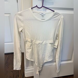 Bar III Cream Ribbed Long Sleeve Bodysuit